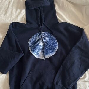 In Print We Trust Navy Hoodie with Blue Disco Ball Graphic